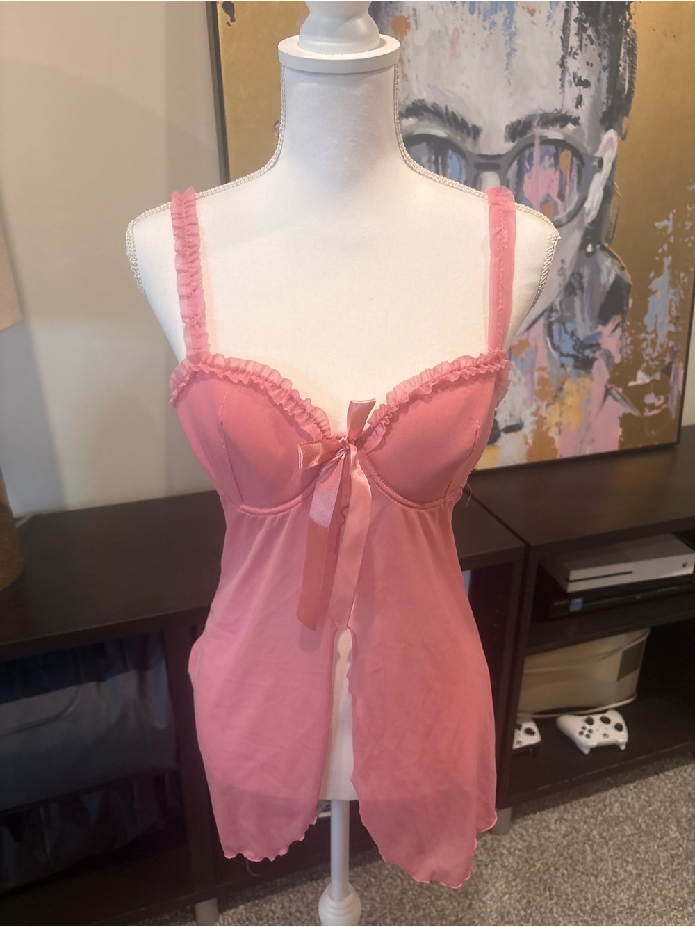 Pink Sheer Babydoll Teddie Chemise with Bow
